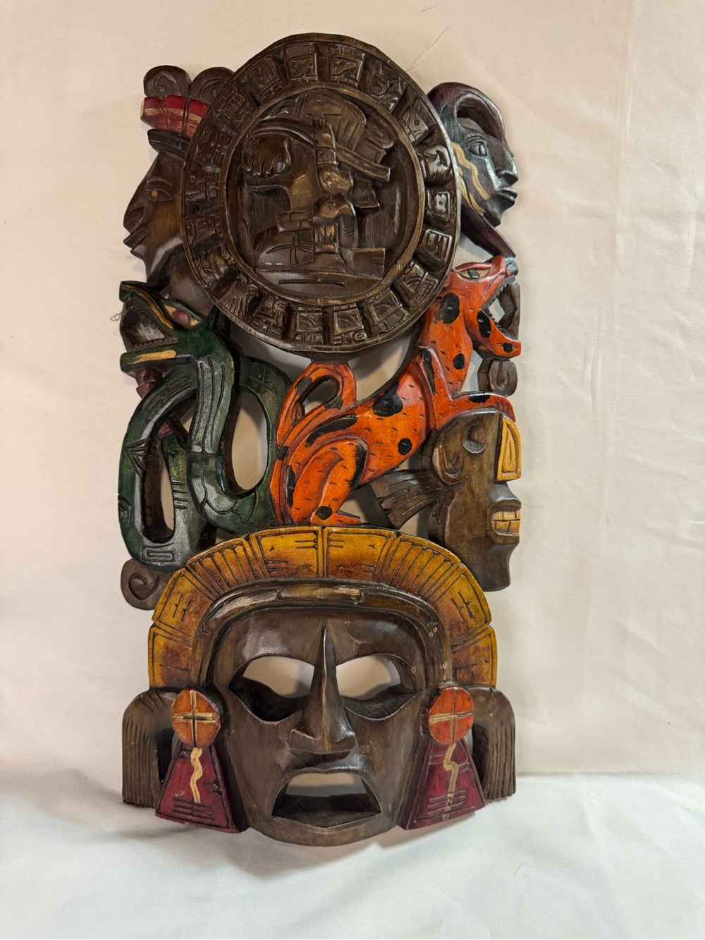 Hand Carved Wood Wall Mask Mayan Aztec Mexican Folk Art Collection Boho
